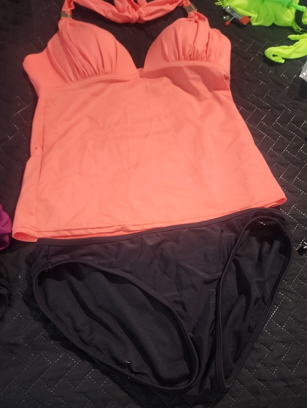 2 Pc Victoria's Secret Coral Pink Tankini Top with Black Bottoms